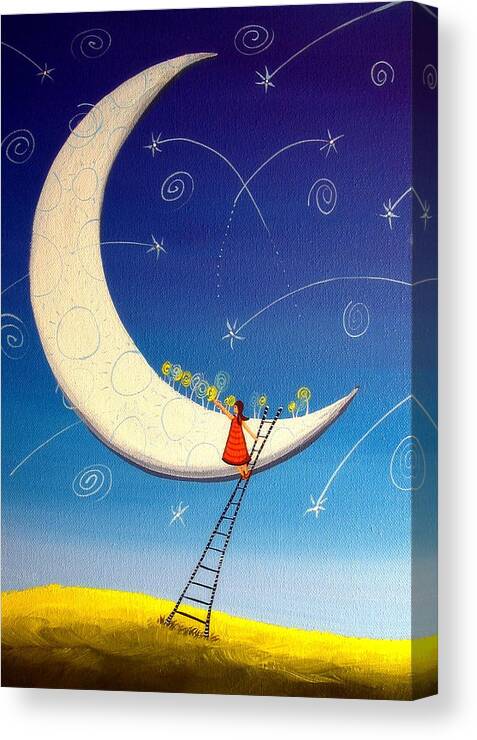 Art Canvas Print featuring the painting Picking Moon Flowers - whimsical landscape by Debbie Criswell