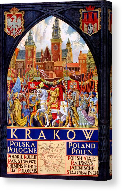 Travel Canvas Print featuring the painting Poland Krakow Vintage Travel Poster Restored by Vintage Treasure
