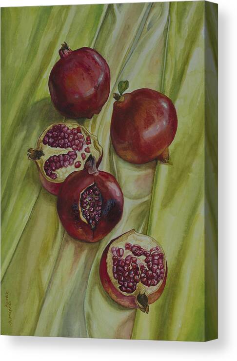 Pomegranate Canvas Print featuring the painting Pomegranates on green yellow silk by Yuliya Glavnaya