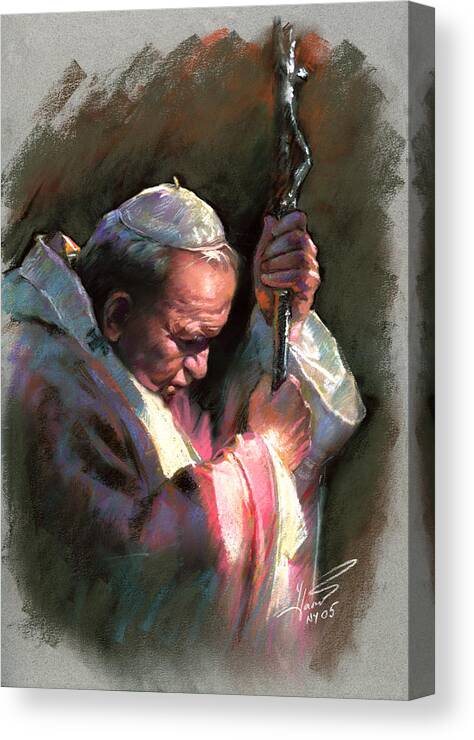 Portrait Canvas Print featuring the pastel Pope John Paul II by Ylli Haruni