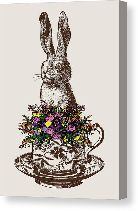 Rabbits Canvas Print featuring the digital art Rabbit in a Teacup by Eclectic at Heart