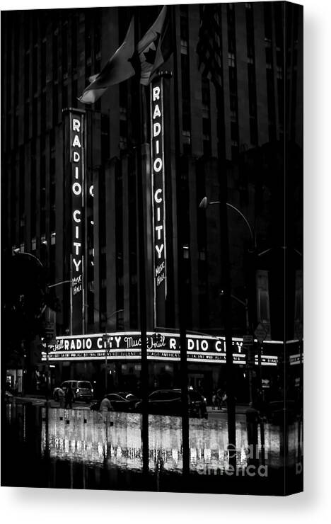 Radio City Canvas Print featuring the photograph Radio City Music Hall at Dawn - BW by James Aiken