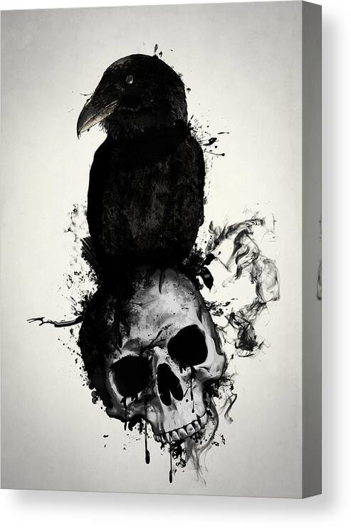 Raven Canvas Print featuring the mixed media Raven and Skull by Nicklas Gustafsson