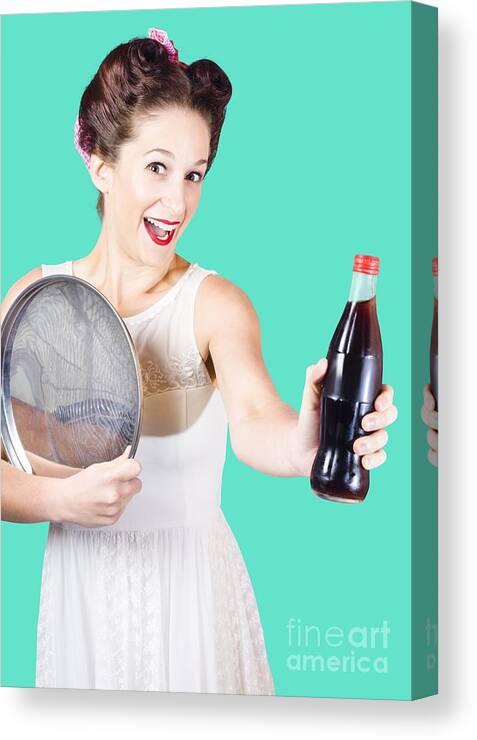 Soda Canvas Print featuring the photograph Retro pin-up girl giving bottle of soft drink by Jorgo Photography