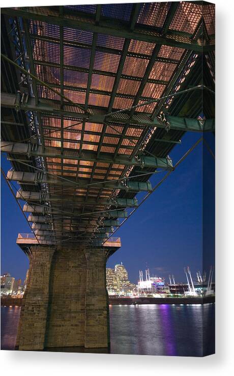 Cincinnati Skyline Photographs Canvas Print featuring the photograph Roebeling Bridge at Night by Russell Todd