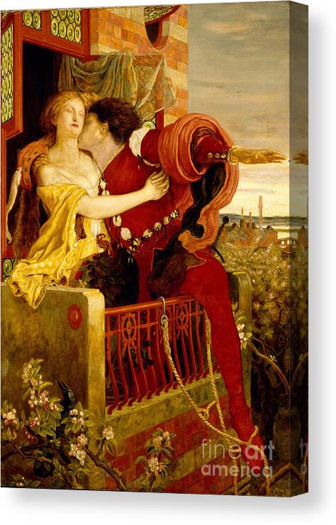 Ford Madox Brown Canvas Print featuring the painting Romeo and Juliet parting on the balcony by MotionAge Designs