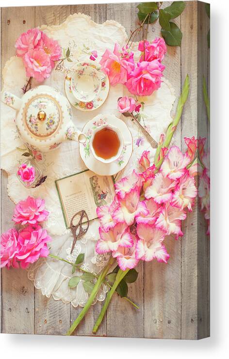 Floral Canvas Print featuring the photograph Roses and Gladiolas with Vintage Tea Pot and Cups by Susan Gary