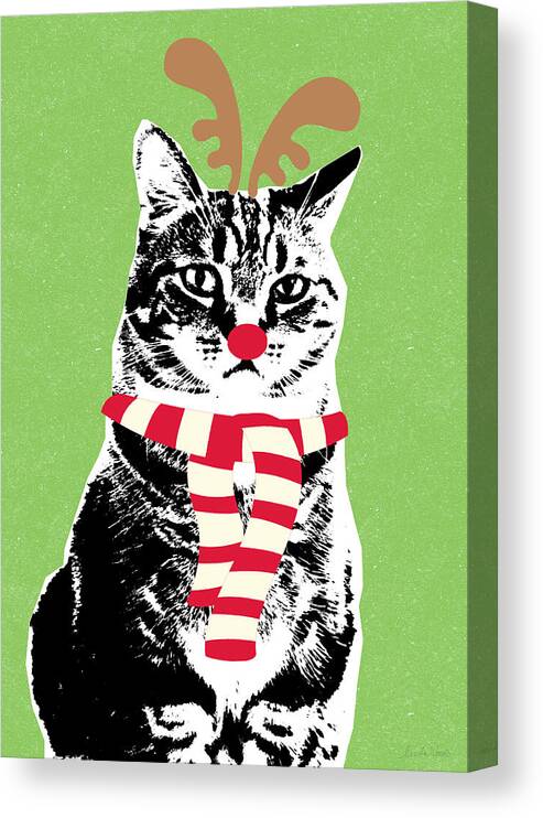 Reindeer Cat Canvas Print featuring the mixed media Rudolph The Red Nosed Cat- Art by Linda Woods by Linda Woods