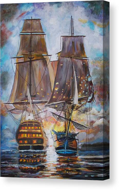 History Canvas Print featuring the painting Sailing Ships at War. by Mike Benton