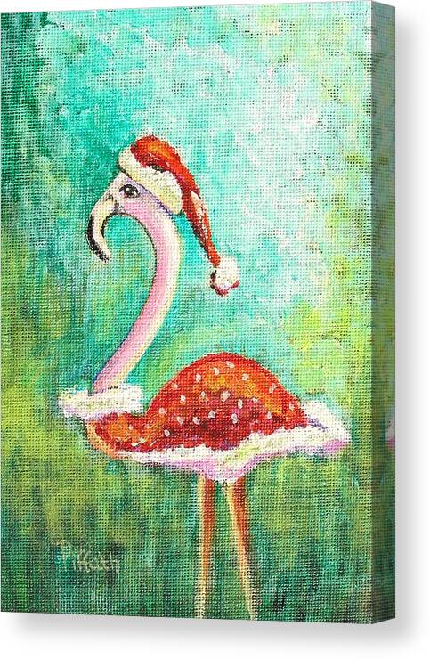 Christmas Canvas Print featuring the painting Santa Flamingo by Patricia Piffath