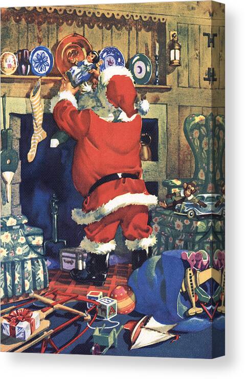 Hearth Canvas Print featuring the painting Santa Stuffing Stockings with Toys on Christmas Eve by American School
