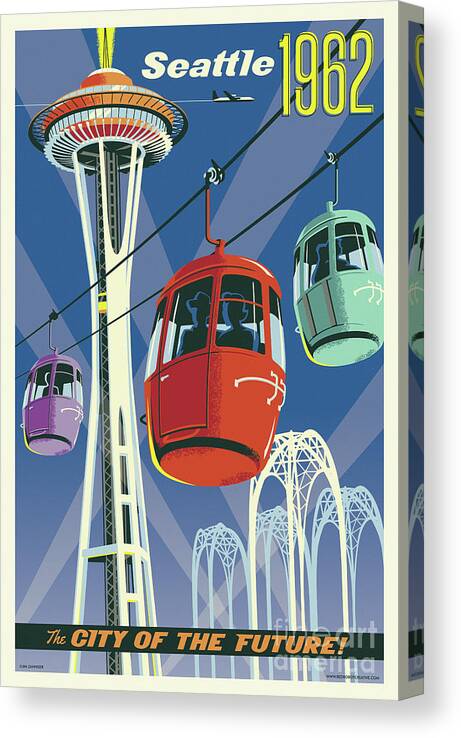 Vintage Canvas Print featuring the digital art Seattle Poster- Space Needle Vintage Style by Jim Zahniser