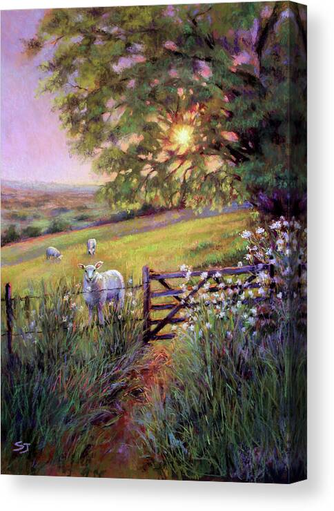 Sheep In Field Canvas Print featuring the painting Sheep at Sunset by Susan Jenkins