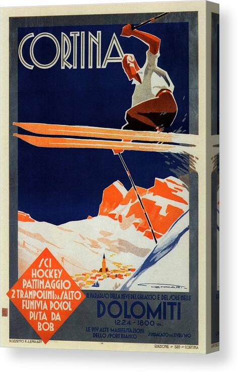 Skiing On The Alps Canvas Print featuring the painting Skiing on the Alps in Cortina - Ice Hockey Tournament - Vintage Advertising Poster by Studio Grafiikka
