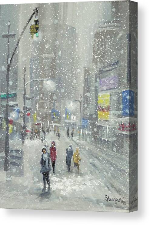 Falling Snow; New York; City Lights; Holiday Shoppers; Tom Shropshire Painting; Snowy Day; Cityscape; Urban Landscape; City Snow Canvas Print featuring the painting Snowy Day by Tom Shropshire