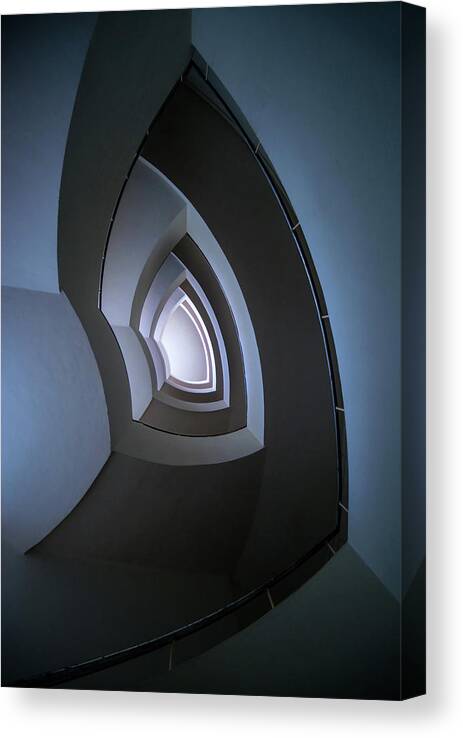 Architecture Canvas Print featuring the photograph Spiral modern staircase in blue tones by Jaroslaw Blaminsky