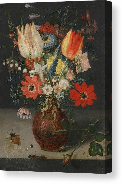 Peter Binoit Still Life Of Flowers In An Earthenware Vase On A Ledge Canvas Print featuring the painting Still Life Of Flowers In An Earthenware Vase On A Ledge by MotionAge Designs