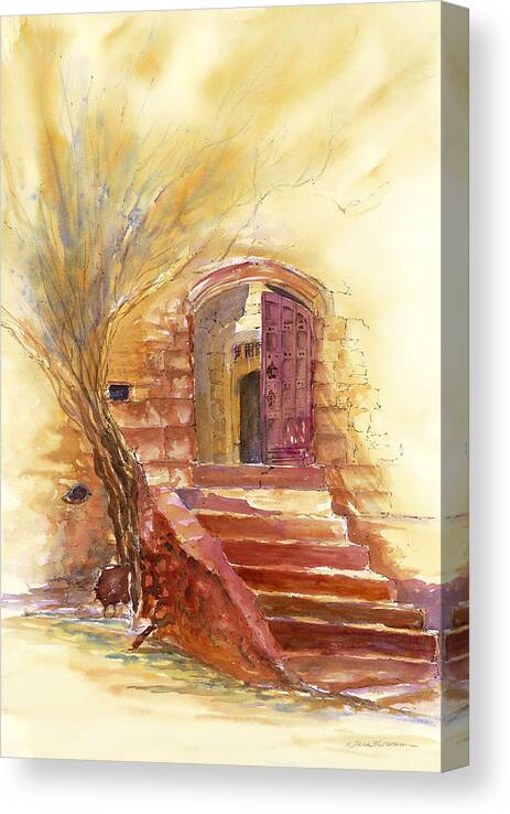 Watercolor Canvas Print featuring the painting Storybook Stairs by Tara Moorman