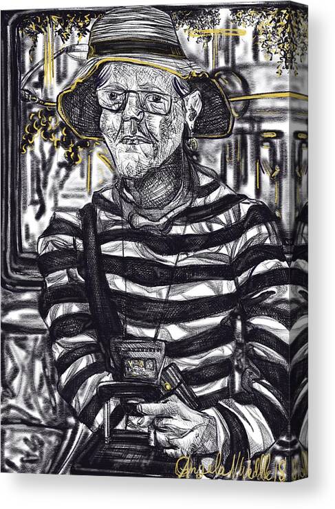 Portrait Canvas Print featuring the digital art Striped Shirt and Yellow Cord Bus Rider by Angela Weddle