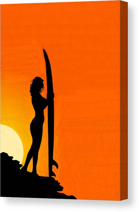 Sunset Canvas Print featuring the painting Surfer Silhouette at Sunset by Bruce Nutting