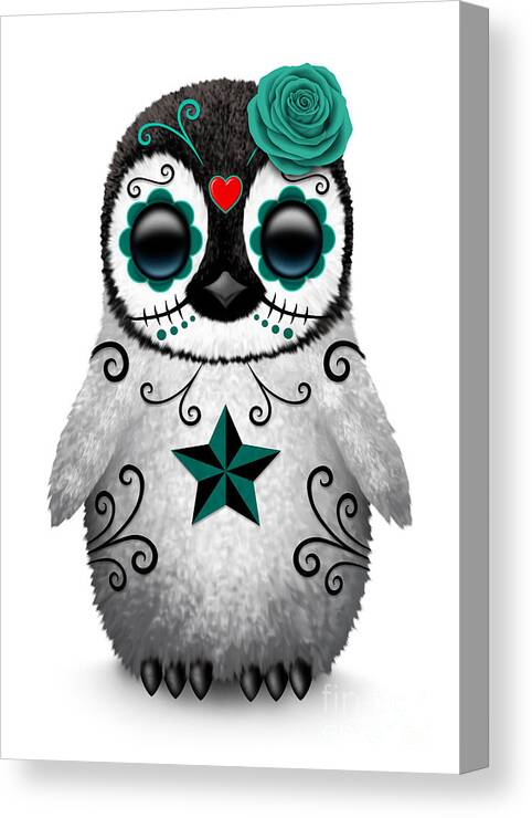 Penguin Canvas Print featuring the digital art Teal Blue Day of the Dead Sugar Skull Penguin by Jeff Bartels