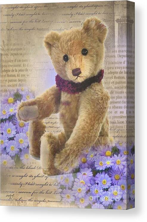 Art;vintage;teddy Bear;toy;flowers;cute;child;family;unique;one Of A Kind Canvas Print featuring the digital art Teddy Bear Time by Ruby Cross