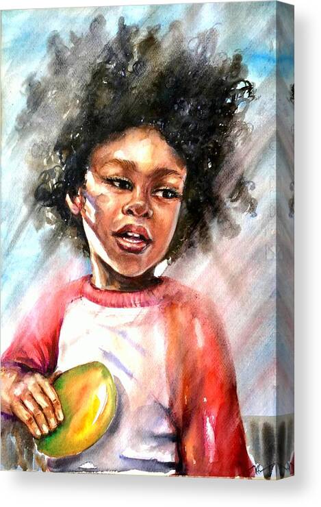 Boy Canvas Print featuring the painting The boy with a mango by Katerina Kovatcheva