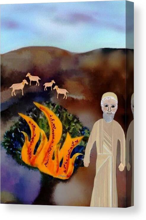Moses Burning Burn Flame Flames Fire Mountains Sky Goat Goats Flock Shepherd Field Bush Nature Lord Angel Heaven Exodus Biblical Bible Canvas Print featuring the painting The Burning Bush by Sher Magins