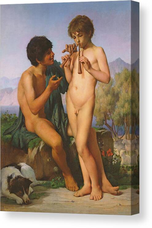 Boy Canvas Print featuring the painting The Flute Lesson by Jules Elie Delaunay