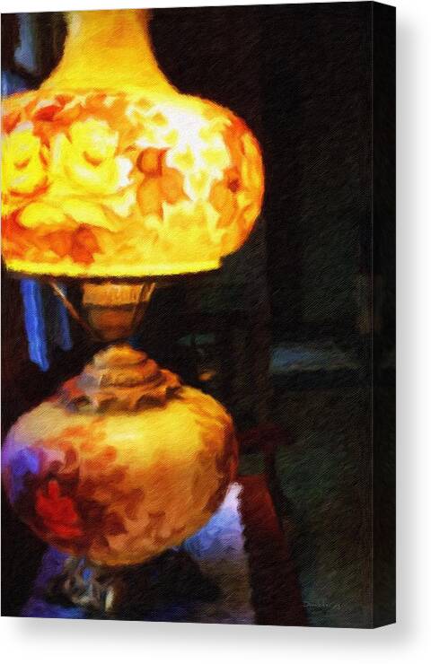 Antique Lamp Glowing Yellow Floral Table Lace Flowers Light Dim Midwest Painterly Canvas Print featuring the photograph The Lamp by Diane Lindon Coy