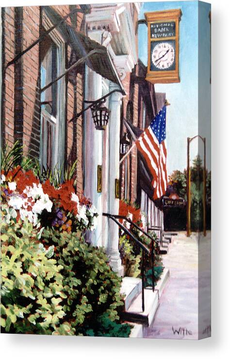 Historic Town Canvas Print featuring the painting The Old Clock by Marie Witte