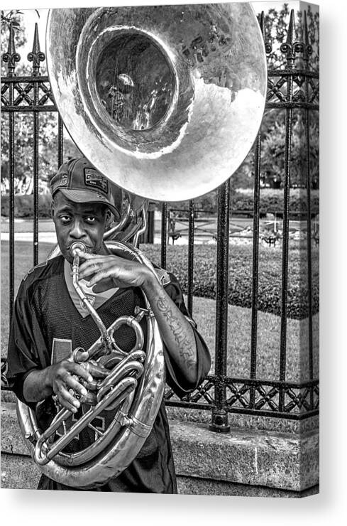 Portrait Canvas Print featuring the photograph They Say It's The Sousaphone Players You Have To Look Out For... by Kirk Cypel