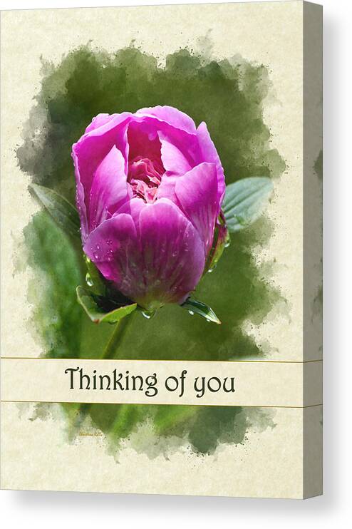 Thinking Of You Canvas Print featuring the mixed media Thinking of You Pink Peony Flower Greeting Card by Christina Rollo