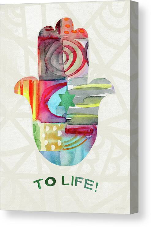 Hamsa Canvas Print featuring the painting To Life Hamsa With Green Star- Art by Linda Woods by Linda Woods