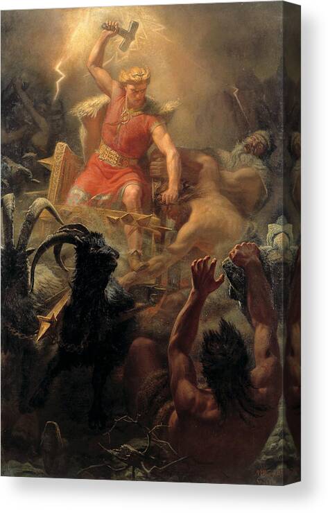 Swedish Art Canvas Print featuring the painting Tor's Fight with the Giants by Marten Eskil Winge