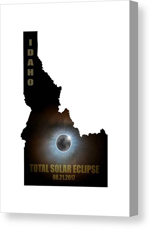 Idaho; State; Solar; Eclipse; Total; Corona; Crown; 2017; August 21st; Event; Full; Moon; Celestial; Space; Astrology; Astronomy; Sky; Lunar; Clouds; Outline; Map; Night; Evening; Rise; Moonrise; Weather; Nature; Stormy; Hemisphere; United States; Usa; North America Canvas Print featuring the digital art Total Solar Eclipse in Idaho Map Outline by David Gn