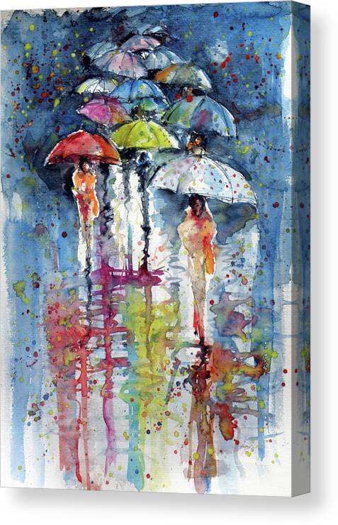 Umbrella Canvas Print featuring the painting Umbrellas in rain by Kovacs Anna Brigitta