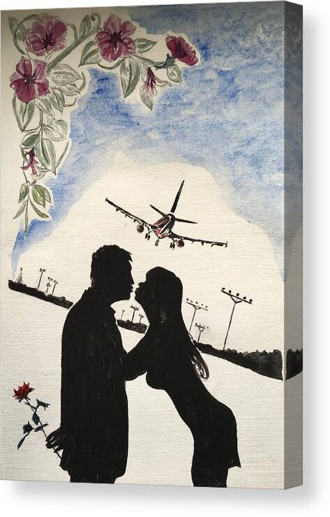 Valentine Kiss Plane Leaving Sunset Jet Plane Silhouette Rose Flowers Canvas Print featuring the painting Valentine Kiss by Kevin Braybon