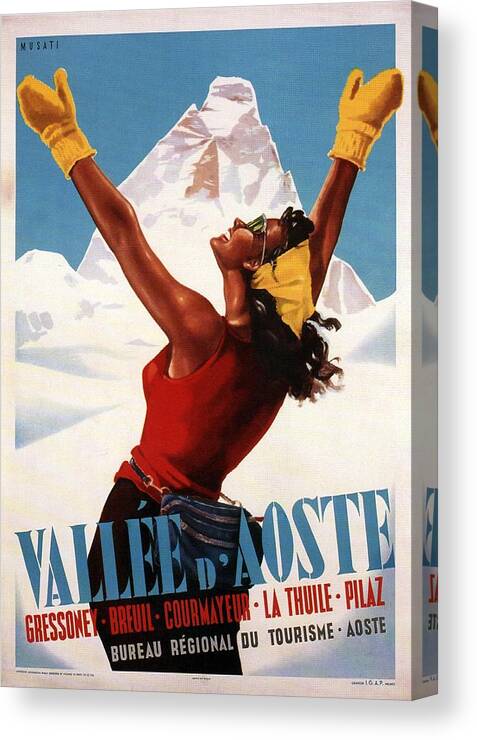 Aosta Valley Canvas Print featuring the mixed media Vallee D'aoste - Aosta Valley, Italy - Retro travel Poster - Vintage Poster by Studio Grafiikka