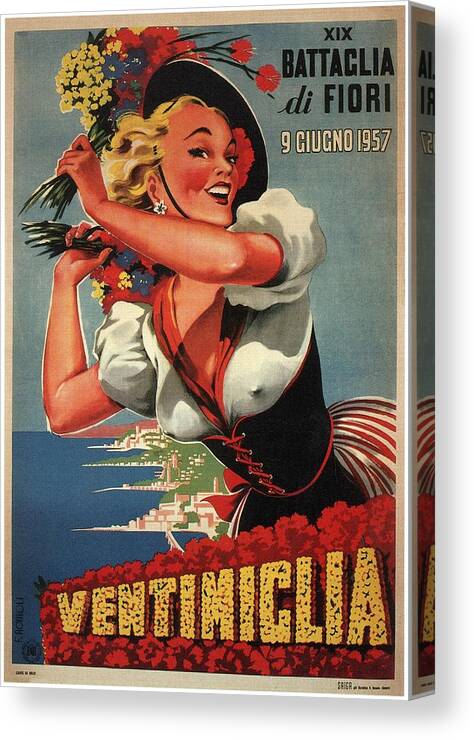 Ventimiglia Canvas Print featuring the mixed media Ventimiclia, Italy - Happy Woman With Flowers - Retro travel Poster - Vintage Poster by Studio Grafiikka