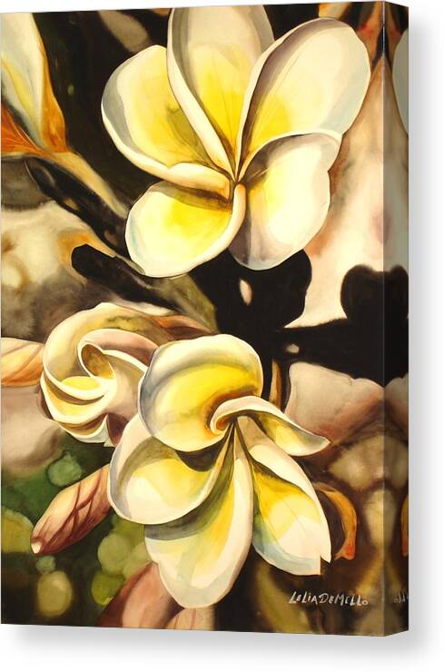 Floral Canvas Print featuring the painting Verticle Plumeria by Lelia DeMello