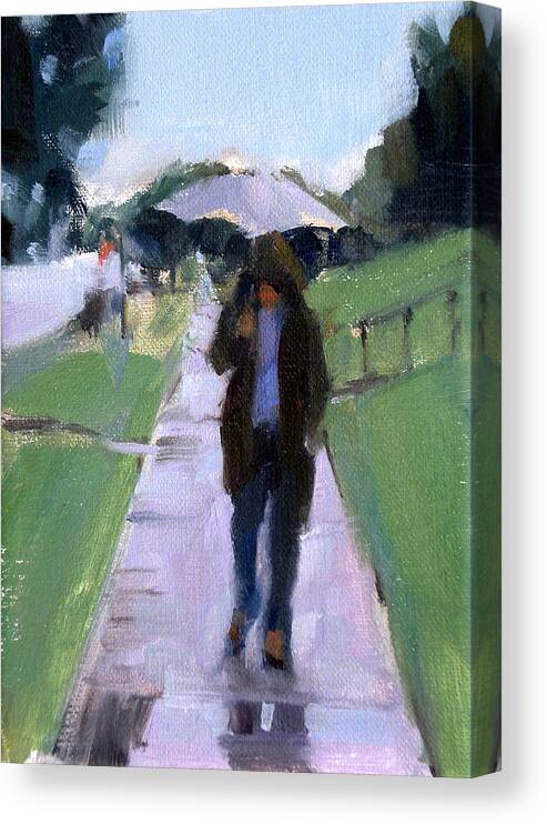 Figurative Canvas Print featuring the painting Walking in the Rain by Merle Keller