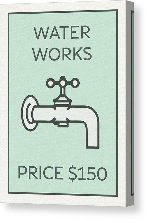 Water Works Canvas Print featuring the mixed media Water Works Vintage Monopoly Board Game Theme Card by Design Turnpike