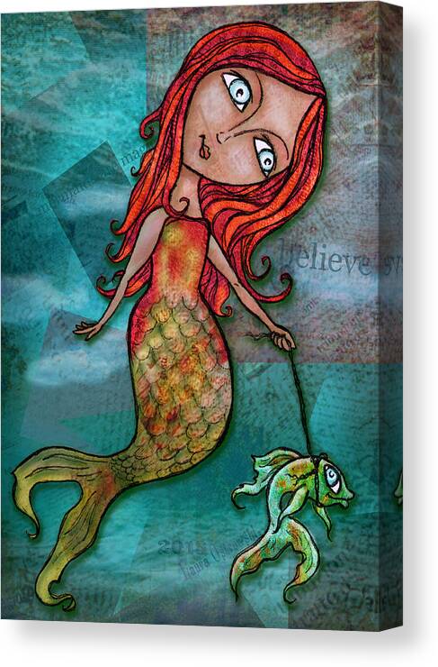 Mermaid Canvas Print featuring the digital art Whimsical Mermaid Walking Fish by Laura Ostrowski