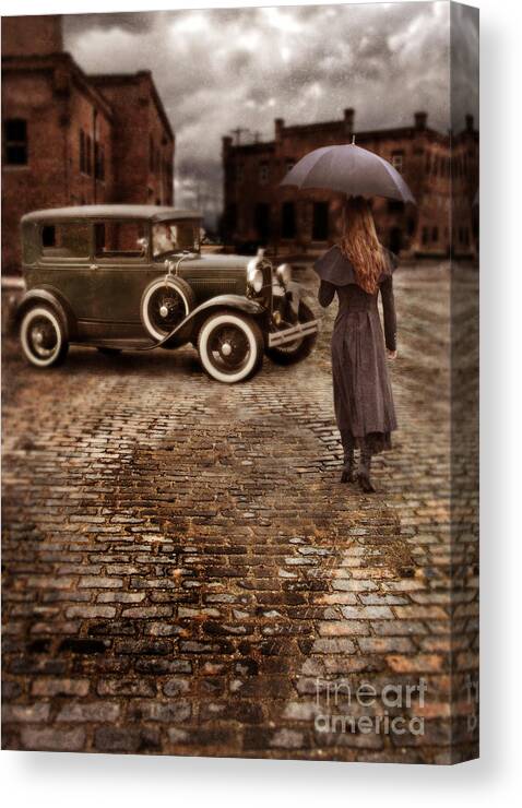 Woman Canvas Print featuring the photograph Woman with Umbrella by Vintage Car by Jill Battaglia