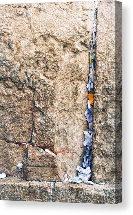 Israel Canvas Print featuring the photograph Written Prayers tucked into cracks Western Wall Jerusalem by Thomas R Fletcher