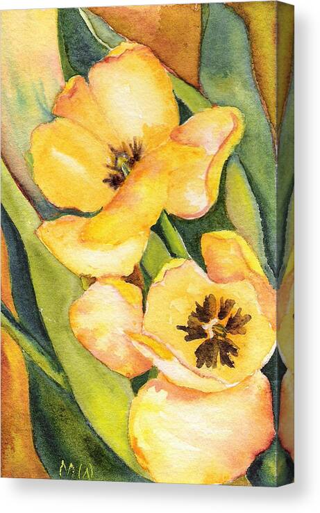 Yellow Tulips Flower Garden Green Painting Watercolor Canvas Print featuring the painting Yellow Tulips by Marsha Woods