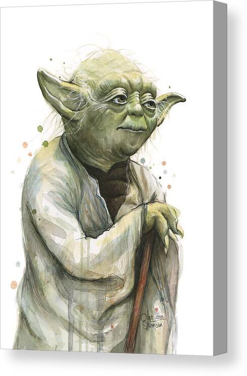 #faatoppicks Canvas Print featuring the painting Yoda Watercolor by Olga Shvartsur