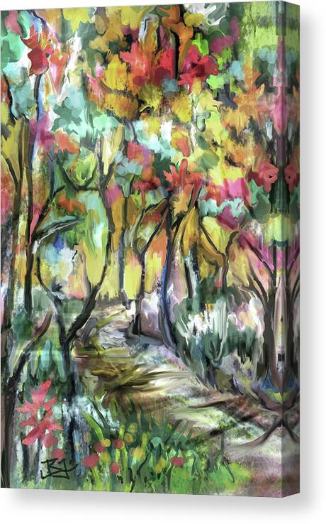Colorful Forest Canvas Print featuring the digital art Forest Path #1 by Jean Batzell Fitzgerald