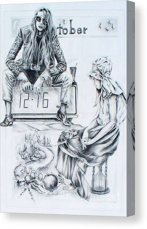 Women Canvas Print featuring the drawing Time Between Women by Linda Shackelford